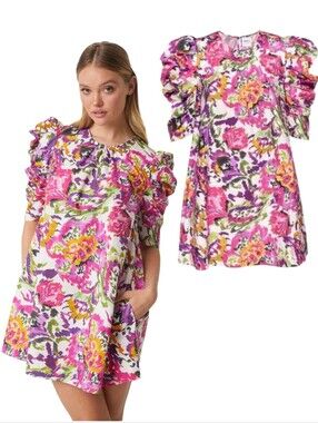 NWT Misa Emilia Floral Splash Cotton Poplin Puff Sleeve Pockets Mini Dress Small